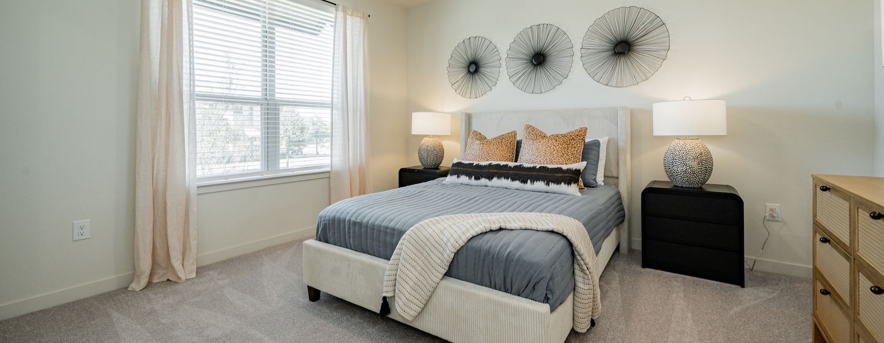 a bedroom with a bed and lamps