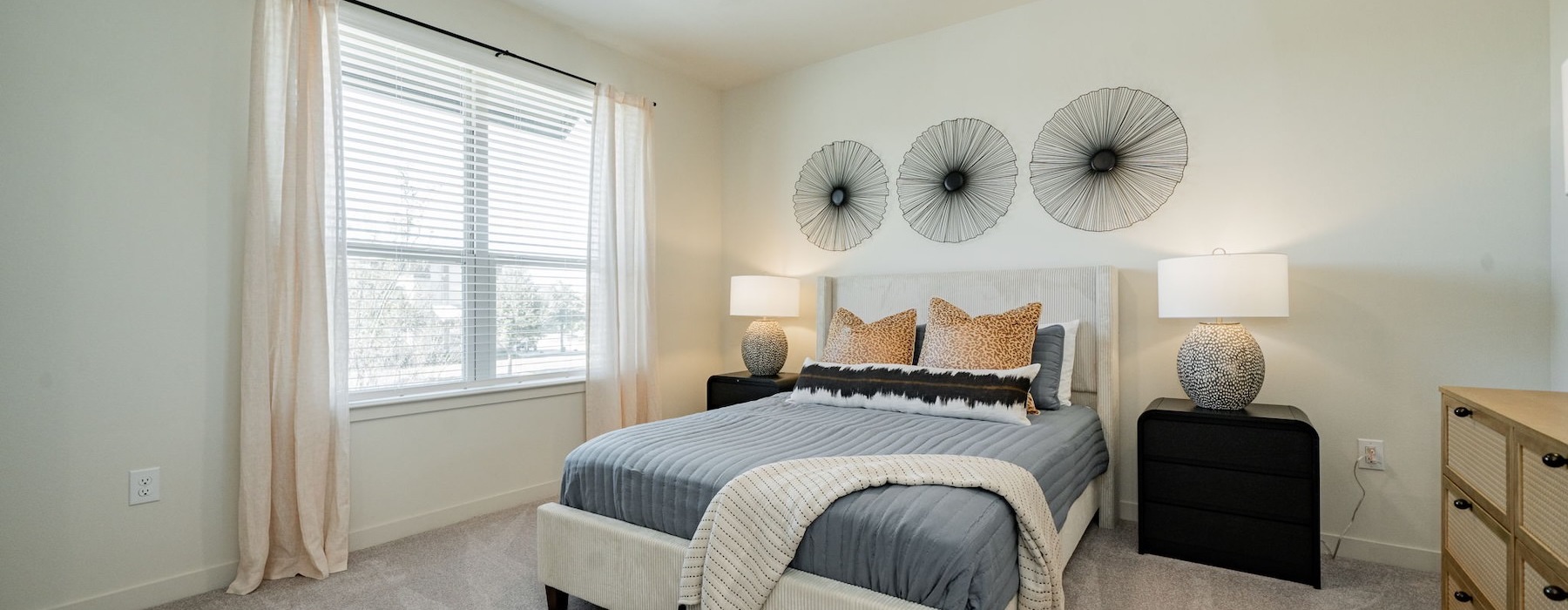 a bedroom with a bed and lamps