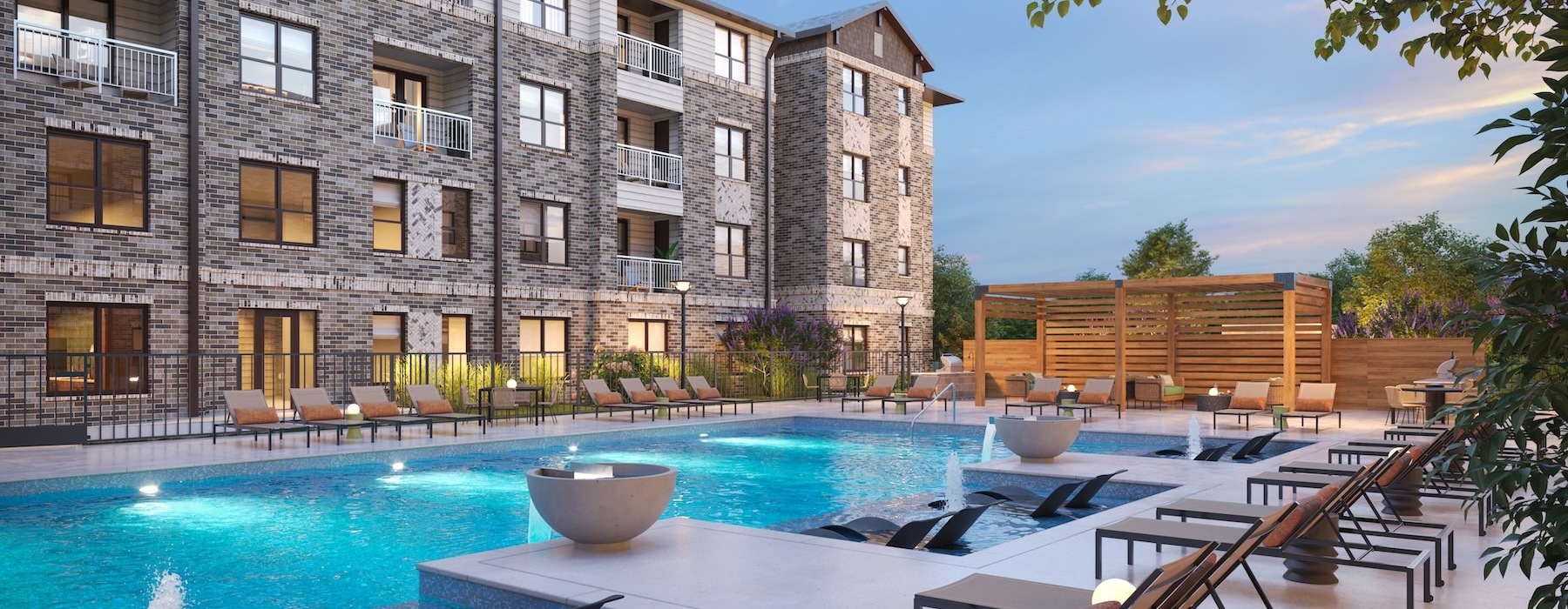 a swimming pool in front of a building